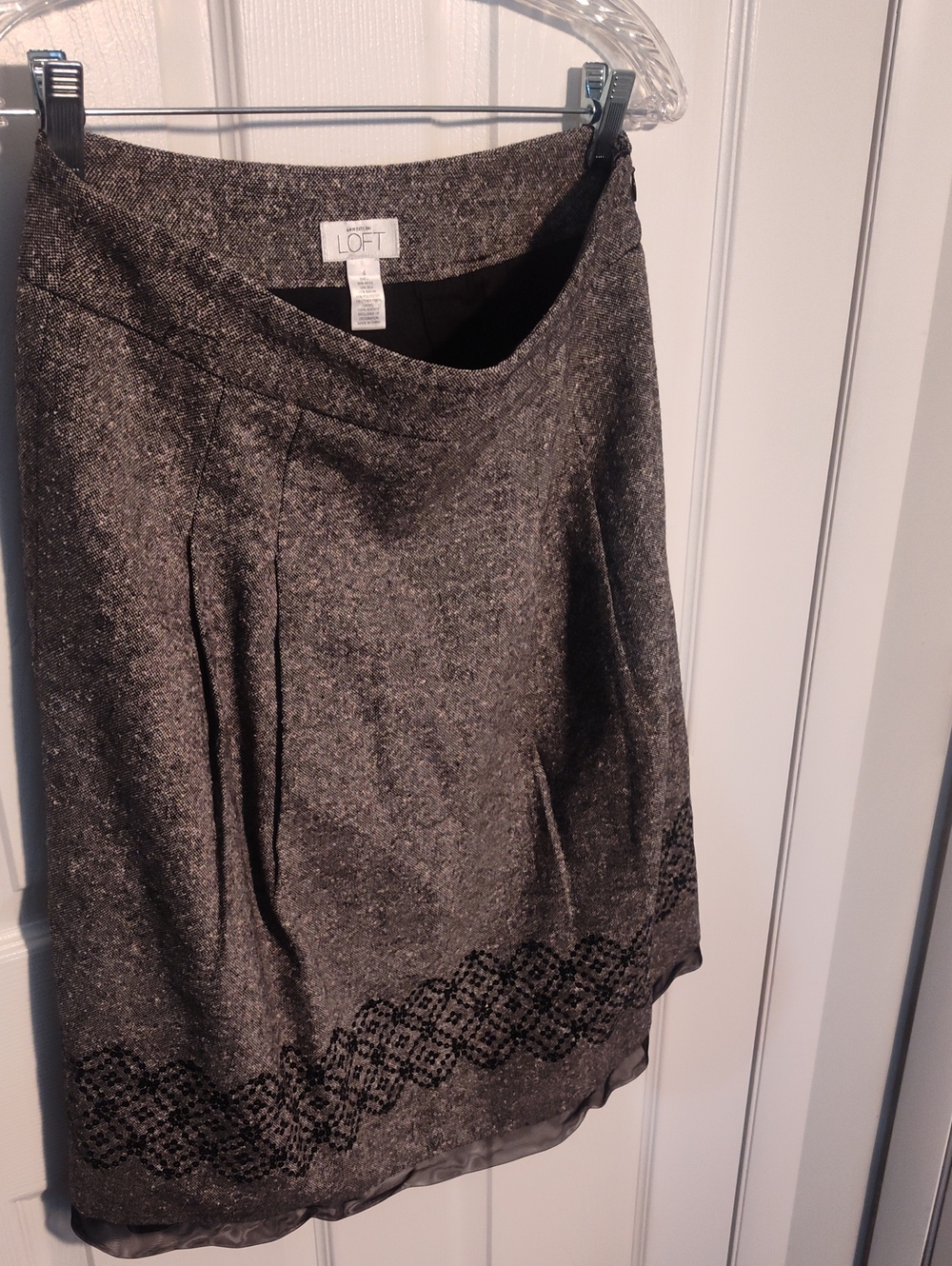 LOFT Metallic Gray Tweed Midi Skirt with Scalloped Hem Trim